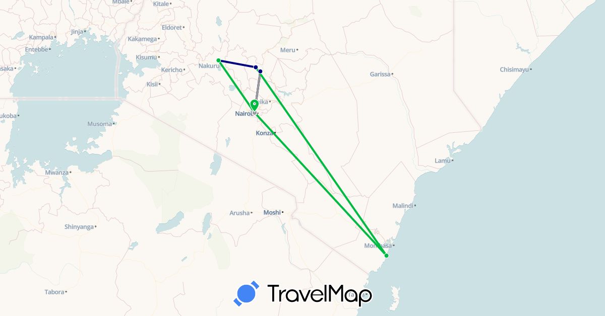 TravelMap itinerary: driving, bus, plane in Kenya (Africa)